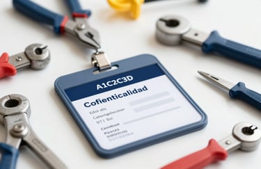 A professional certification badge and a set of high-quality AC repair tools neatly arranged on a clean work surface. The image is bright and professional, incorporating the brand colors #1A2C3D and #B3C5CB.