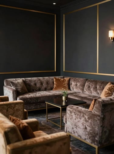 Interior of a quiet, exclusive lounge area with dark walls, gold accents, and comfortable designer furniture.