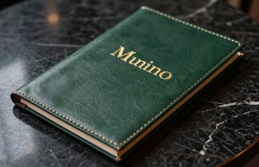 An elegant dark green leather menu with gold embossed lettering lying on a black marble table in a luxury establishment.
