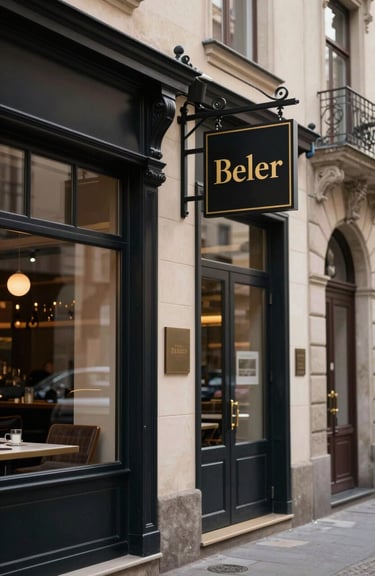 The subtle exterior of a high-end restaurant in a historic Western European street, featuring a small black and gold sign.