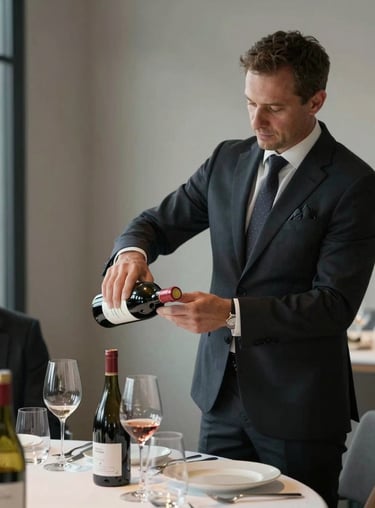 A professional sommelier in a dark suit pouring wine for guests in a minimalist fine dining setting.