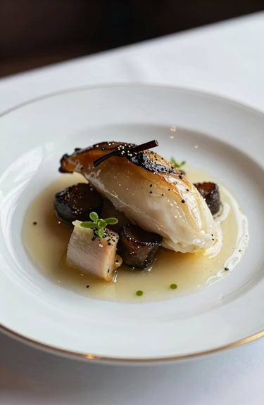 A close-up of a perfectly plated gourmet dish on a white ceramic plate with a gold rim, soft natural lighting in a Dutch restaurant.