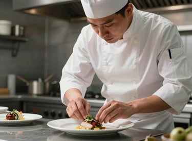 A chef in a clean white uniform meticulously finishing a plate in a professional, modern kitchen environment.