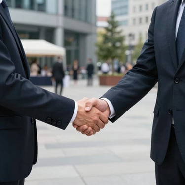 A professional handshake between two business partners in formal attire at an outdoor event in a modern city plaza in Slovakia.