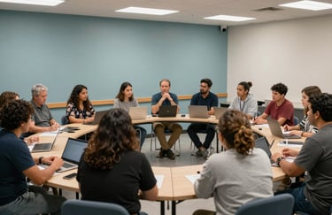 A wide shot of a collaborative workshop session in a North American / US community center. People are focused and inspired, with the environment featuring muted sea blue accents.