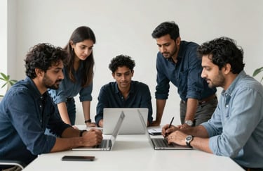 A collaborative scene of South Asian professionals in a modern creative studio working together on a website design project, featuring a palette of dark blue and off-white.