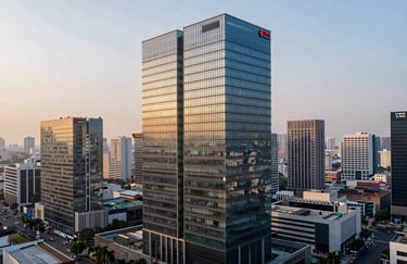 A high-angle architectural shot of a modern glass office building in a bustling South Asian business district during the golden hour, symbolizing growth and professional excellence.