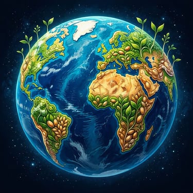 Vibrant illustration of Earth with continents adorned with green leaves and sprouting plants, symbolizing environmental