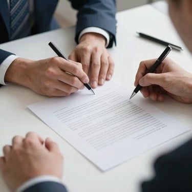 A detailed shot of a professional signing a contract on a clean white desk, representing trust and business partnership. The lighting is crisp and professional.
