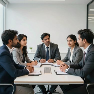 A group of professional colleagues in a South Asian boardroom having a collaborative discussion. The setting is bright, featuring modern office decor in shades of white and slate.