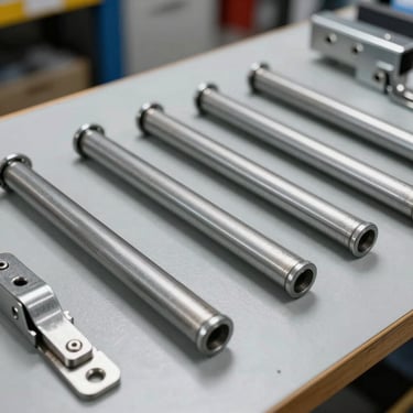 Clean, sharp photography of high-grade steel garage door rollers and heavy-duty hinges laid out on a professional light grey workbench in a US-based service center.