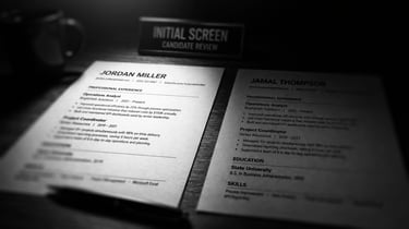 two identical resumes standing side by side on a table top, focus on the one with a "white name"