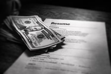 a pack of cash bills over a resume on a table top