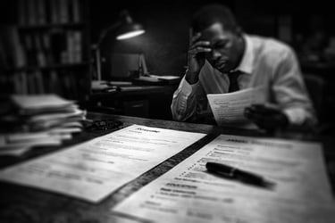 afro-american candidate worried about his resume seating across a desk