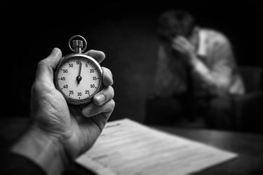 hand holding a analog timer over a resume, with a man seated on a chair in a desperate pose
