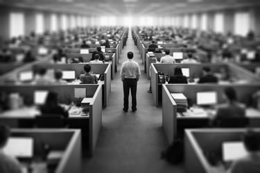 large office open space filled with cubicles with people wokring, and a manager supervising standing