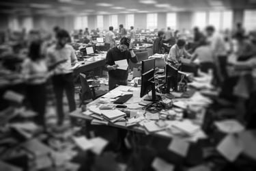 office in complete chaos, with people, papers all over the place