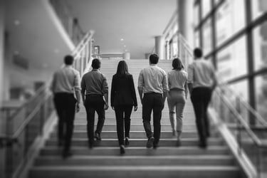 group of diverse people climbing a staircase together