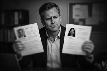 recruiter holding one resume in each hand with an indecisive expression on his face