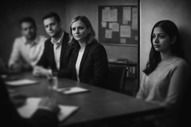 several candidates seating across the desk, with one from a minority set apart from the others