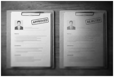 top-down image over a desk focusing on two similar resumes. One is approved, the other rejected