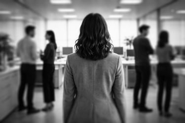 a woman seen from the back with two employees talking on the left and two not talking on the right