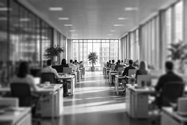 office space with a central walkway with people working at desks on both sides