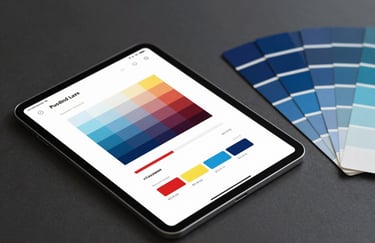 A professional tablet showing a color matching interface next to real paint swatches in shades of #1C3642 and #6BA5A8. Clean, high-tech tabletop photography.