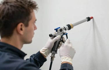 A focused shot of a professional painting technician wearing clean gear, adjusting a high-precision digital sprayer nozzle.