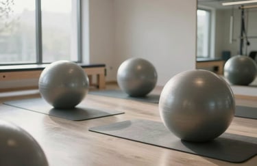 A serene pilates studio with soft morning light, pale grey mats, and steel grey exercise balls.