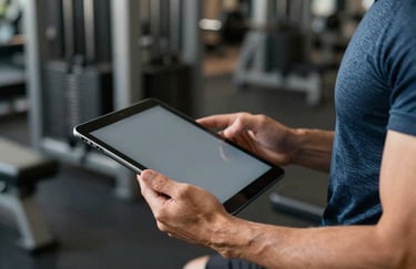 Close up of a personal trainer's hand holding a sleek tablet in a gym, with slate blue workout gear in the blurred background.