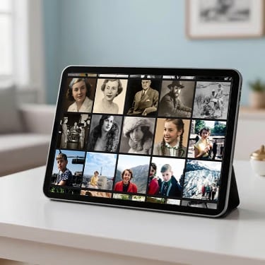 Digital tablet displaying a grid of restored vintage family portrait photos.