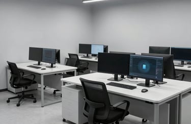 Wide photography of a clean workstation with multiple monitors, light gray walls, minimalist furniture, global / tech-savvy aesthetic, modern tech hub.