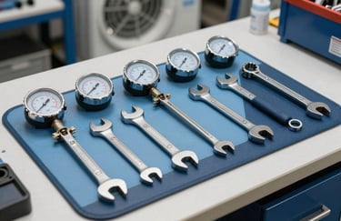 A set of high-quality HVAC technician tools, including digital gauges and specialized wrenches, laid out neatly on a clean work mat inside a modern North American / US utility room. The palette features light blue and dark navy tones.