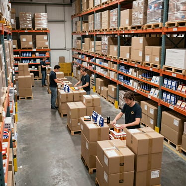 A bustling factory floor with staff operating machinery and assembly lines efficiently.