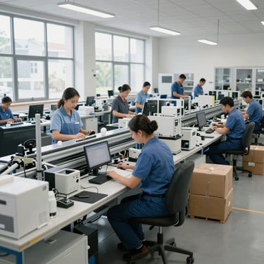 A bustling factory floor with staff operating machinery and assembly lines efficiently.