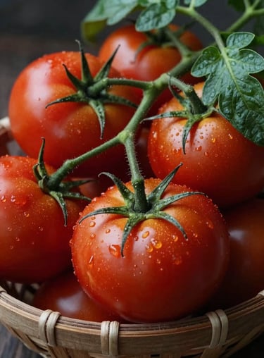 Close-up of fresh, vine-ripened tomatoes in a rustic basket, matte forest green leaves.