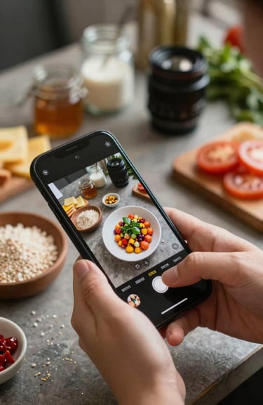 Hands of a content creator editing a food video on a smartphone, surrounded by artisanal ingredients.