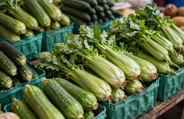 Artisanal farmers market scene in Brazil with fresh green vegetables and parchment green packaging.