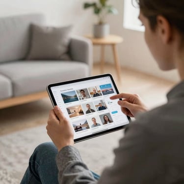 Behind the scenes: a marketing strategist planning a social media feed on a tablet, modern Scandinavian furniture.