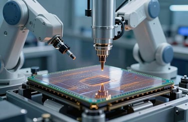 Precision macro shot of a semiconductor wafer being processed by automated robotics in a high-tech factory with Steel Blue lighting, Global / Industrial.