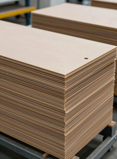 A stack of flat-shipped high-quality SBS boards ready for assembly, showcasing consistency and premium material quality in a modern facility.