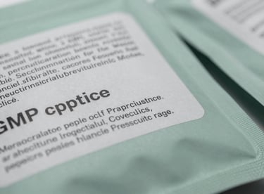 Pharmaceutical-grade packaging with precise regulatory text and a clean sage green accent, demonstrating GMP compliance standards.