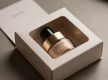 A custom die-cut window carton revealing a luxury cosmetic product inside, professional composition with soft shadows.