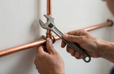 A technician's hands adjusting a copper pipe with a wrench in a North American / US residential setting, focused lighting.