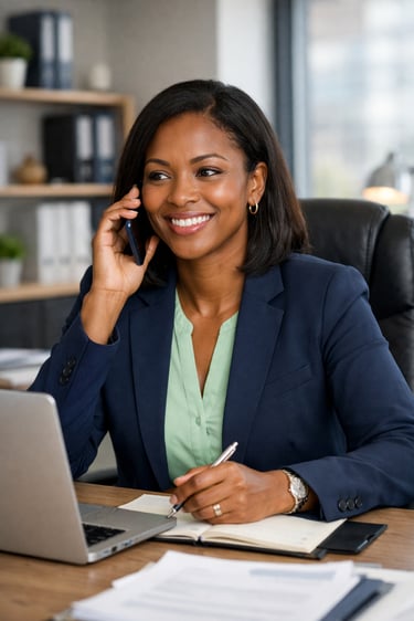 Smiling Black businesswoman in a navy blazer talking on a smartphone while taking notes at her office desk.