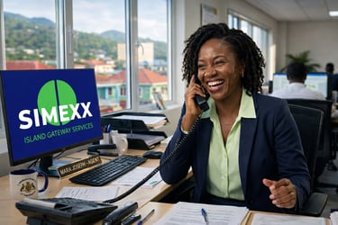 Smiling Simexx customer service agent Mara Joseph handling a call in a professional office setting.