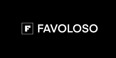 Favoloso logo with bold white F icon in a square beside uppercase brand name on black background.