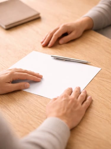 Two people at a desk reviewing a task in speech therapy