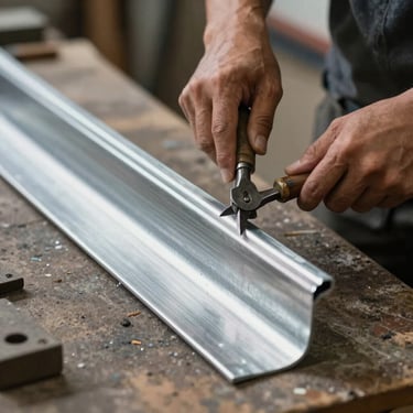 An artisan carefully cutting a zinc sheet for a custom roofing valley, using traditional hand tools, workshop setting, focus on hands and metal.